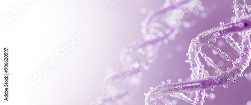 DNA helix on light lilac background banner. Genetics, ECO web line. helix gene cell. Gene dna molecule helix spiral on purple. medical science, genetic biotechnology, chemistry biology. Copy space