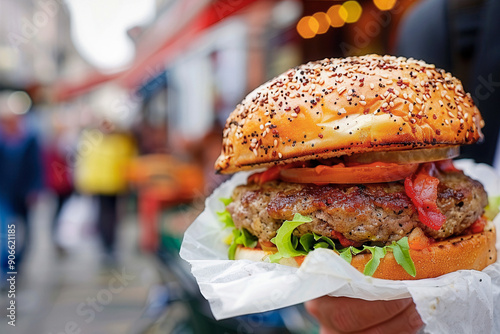 A person holding a burger w...