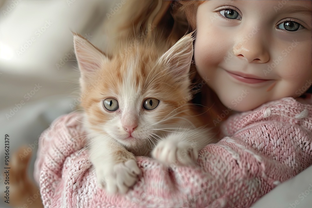 A young girl is holding a kitten in her arms. The kitten is orange and white A young girl is holding a kitten in her arms. The kitten is orange and white