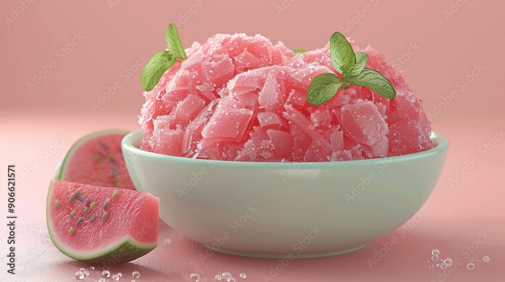 Watermelon Shaved Ice in a Bowl with Mint Watermelon Shaved Ice in a Bowl with Mint