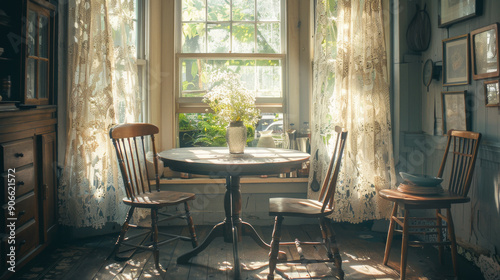 A table with two chairs and a vase of flowers in front of a window. The table is set with a tablecloth and a few cups. Scene is warm and inviting, with the sunlight streaming in through the window photo