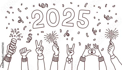 Doodle style 2025 New Year and Christmas Banner with hands. Happy new Year Merry Christmas Hand Drawn Doodle Elements