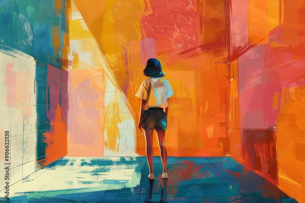 Obraz premium The girl is standing in the room, view from behind