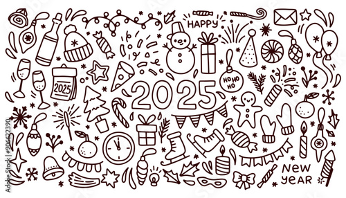 Happy New year 2025 doodle elements, Set New year party elements doodle in black isolated on white background.