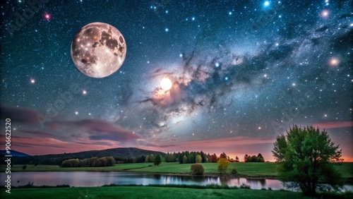 Night sky with moon, stars, and Milky Way over a lake and meadow.