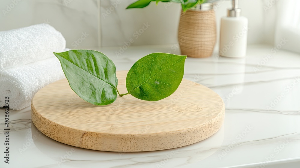 A polished wooden slice rests between vibrant green leaves against a smooth, light background, showcasing natural textures and colors A polished wooden slice rests between vibrant green leaves against a smooth, light background, showcasing natural textures and colors