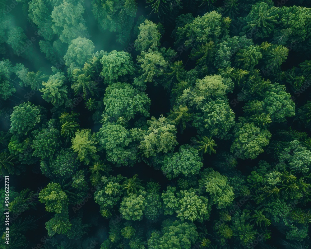 Fototapeta premium Abstract Forest Canopy Aerial View of Lush Greenery with Artistic Overlay, Nature's Beauty Meets Creativity