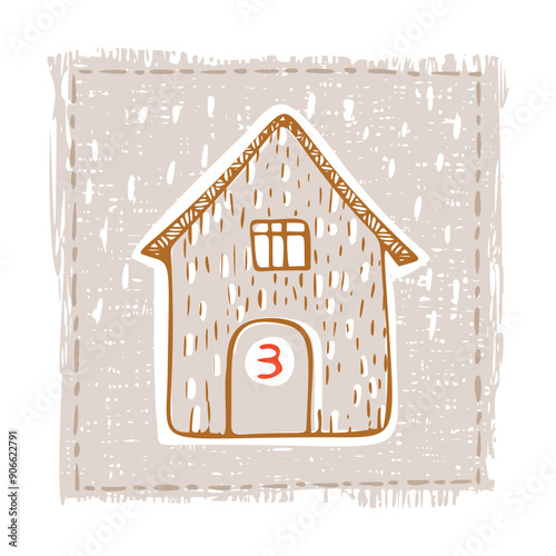 Whimsical Advent Calendar cottage door with numbers for december festive Christmas countdown . Winter holiday social media promotion campaign festive sales and cute hand drawn festive home card design