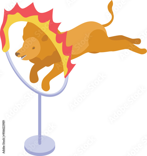 Trained lion jumping through a ring of fire in a circus show