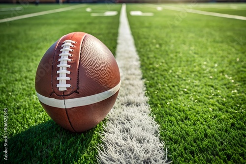 American football resting on a first down line during an American football game. The ball is ready to be snapped to start a new play. Lots of copy space photo