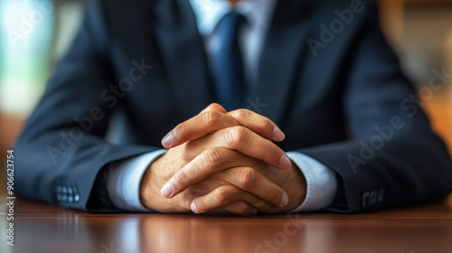 Close-up of a businessman's hands clasps together on a table, illustrating professionalism, confidence, and leadership in a corporate environment.