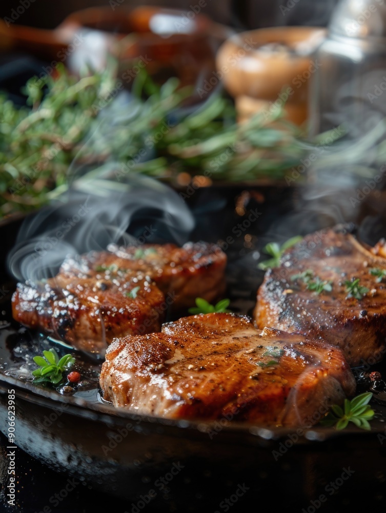 Cooking steak in a hot skillet, smoke rising Cooking steak in a hot skillet, smoke rising