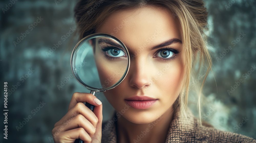 Portrait of a woman with a magnifying glass, examining closely with intense blue eyes and serious expression in a rustic background Portrait of a woman with a magnifying glass, examining closely with intense blue eyes and serious expression in a rustic background