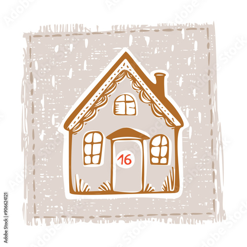 Whimsical Advent Calendar cottage door with numbers for december festive Christmas countdown . Winter holiday social media promotion campaign festive sales and cute hand drawn festive home card design