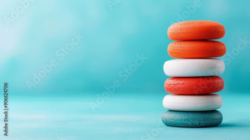 A vibrant stack of colorful stones on a soft blue background, symbolizing balance and tranquility in a minimalist composition. photo