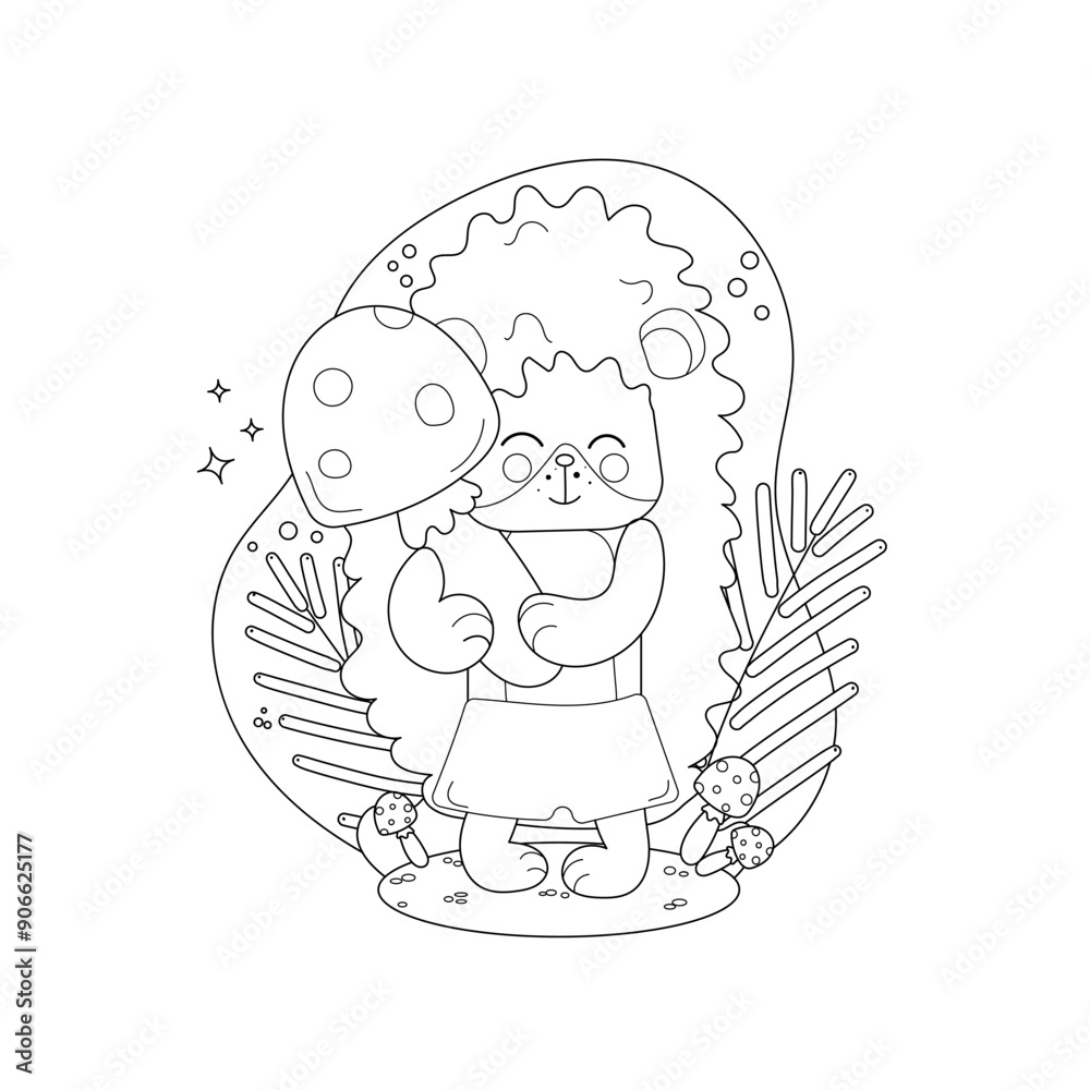 Childrens drawings coloring page. Cute Cartoon Hedgehog Holding Giant Mushroom Surrounded by Forest Elements. Childrens drawings coloring page. Cute Cartoon Hedgehog Holding Giant Mushroom Surrounded by Forest Elements.