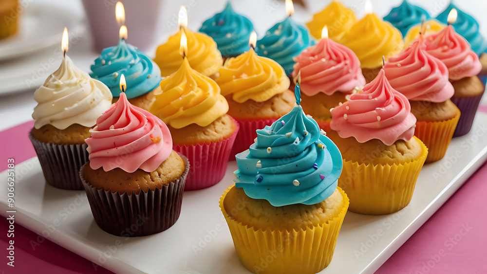 Vanilla cupcake with small decorative hearts and happy birthday sign, in violet baking paper cup, against violet background