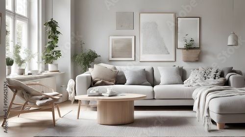 Scandinavian interior design : envision a cozy living room with white walls and light wooden floors