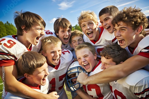 Teenage boy high school football team cheering in huddle photo