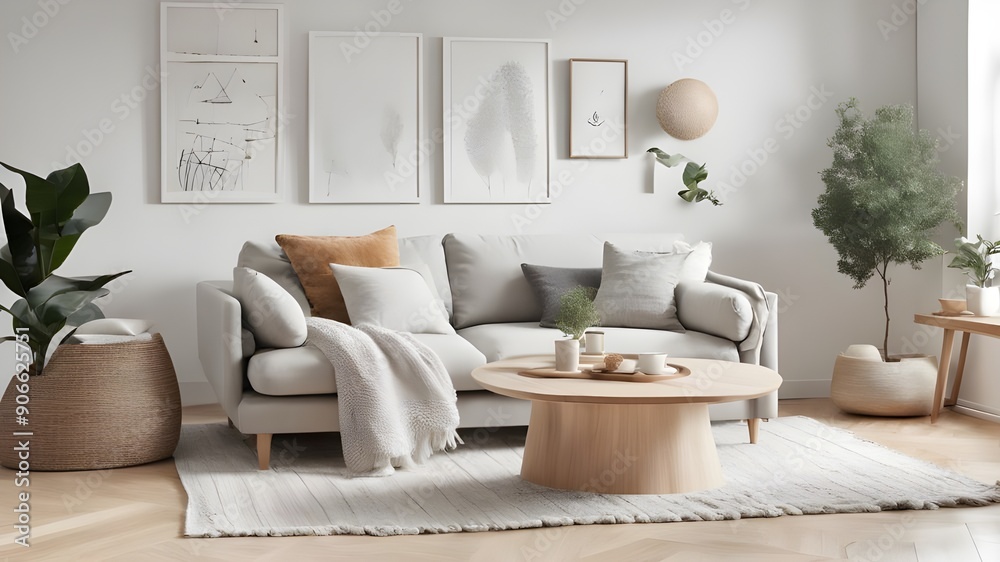 Fototapeta premium Scandinavian interior design : Visualize a cozy living room with a focus on minimalism and natural materials