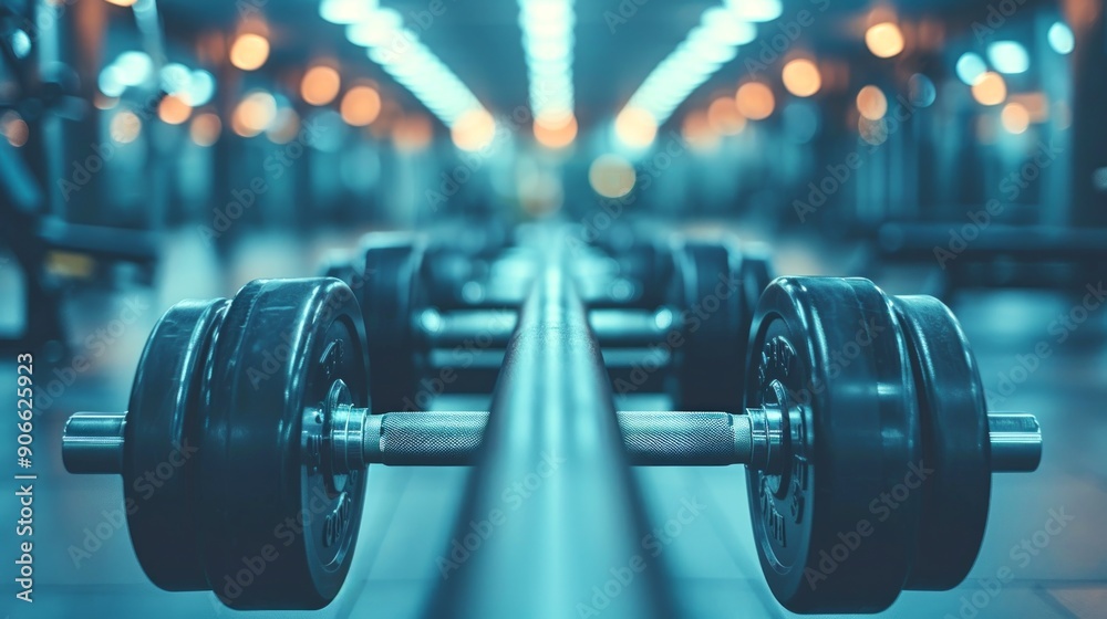 Set of dumbbells neatly arranged on a rack in a modern gym at sunrise. Concept of fitness equipment, weight training, gym interior, healthy lifestyle Set of dumbbells neatly arranged on a rack in a modern gym at sunrise. Concept of fitness equipment, weight training, gym interior, healthy lifestyle