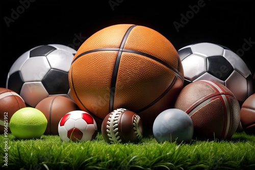 Many different sports balls on green grass against black background, closeup