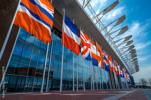 Sports arena with English and Dutch flags fluttering.