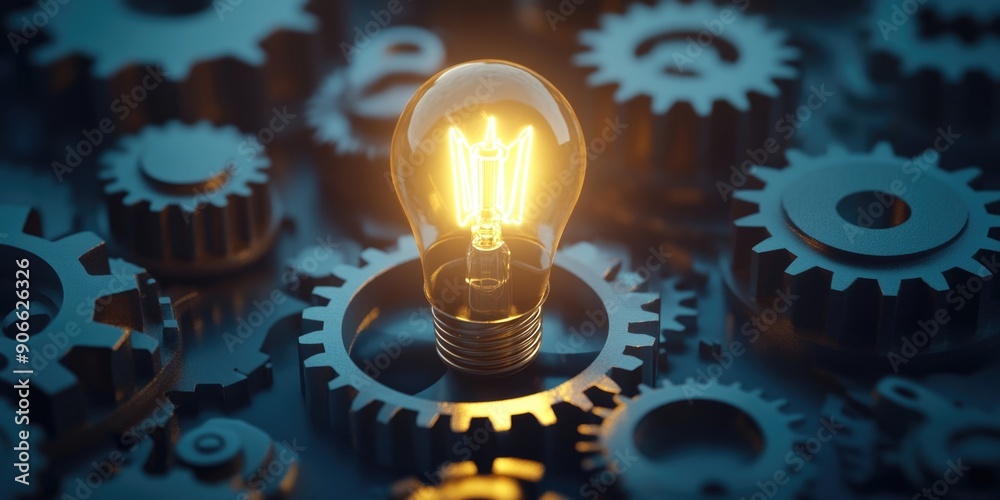 A light bulb sits atop a pile of mechanical gears, ready to illuminate the surrounding machinery