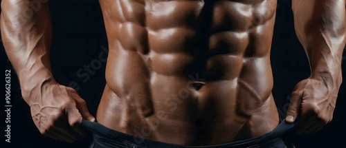 Muscular male torso with six-pack abs. Shirtless athlete showcasing defined chest and abdominal muscles, isolated on black background, banner.