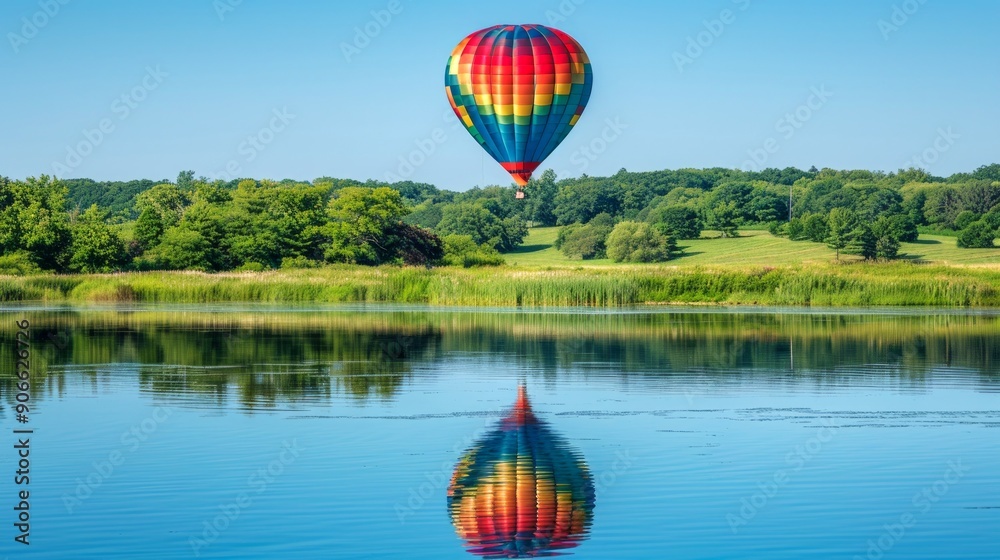 Naklejka premium Hot Air Balloon Hovering Over a Calm Lake with Green Landscape and Reflection. Concept of Adventure, Tranquility, Nature, Outdoor Activity