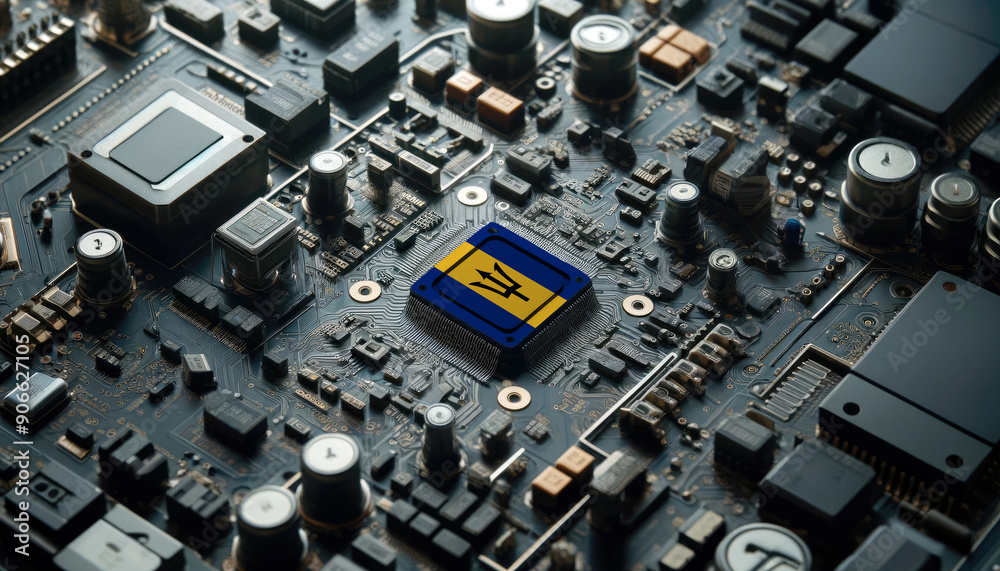 A high-tech circuit board showcasing a microchip with the Barbados flag, emphasizing Barbados role in pioneering advanced electronics and microtechnology innovations A high-tech circuit board showcasing a microchip with the Barbados flag, emphasizing Barbados role in pioneering advanced electronics and microtechnology innovations