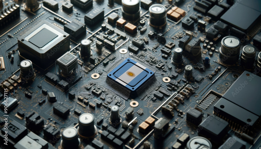 A high-tech circuit board showcasing a microchip with the Argentina flag, emphasizing Argentina role in pioneering advanced electronics and microtechnology innovations A high-tech circuit board showcasing a microchip with the Argentina flag, emphasizing Argentina role in pioneering advanced electronics and microtechnology innovations