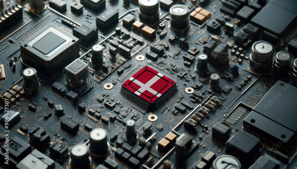 A high-tech circuit board showcasing a microchip with the Denmark flag, emphasizing Denmark role in pioneering advanced electronics and microtechnology innovations