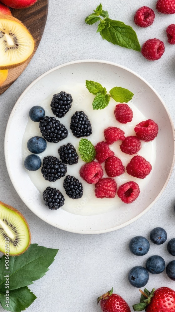 A refreshing bowl of yogurt topped with vibrant berries and fresh mint, perfect for a healthy breakfast or snack A refreshing bowl of yogurt topped with vibrant berries and fresh mint, perfect for a healthy breakfast or snack