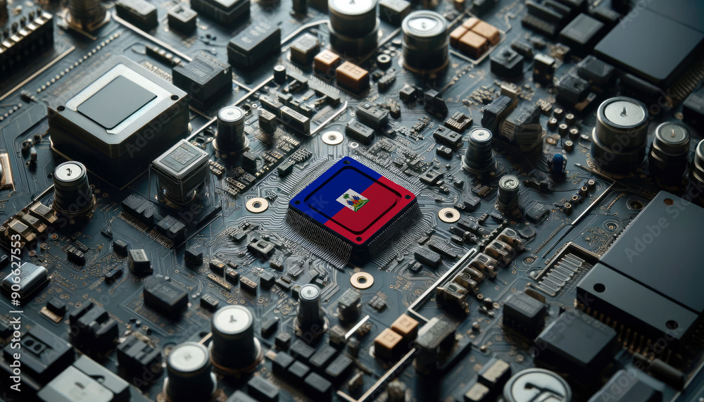 A high-tech circuit board showcasing a microchip with the Haiti flag, emphasizing Haiti role in pioneering advanced electronics and microtechnology innovations A high-tech circuit board showcasing a microchip with the Haiti flag, emphasizing Haiti role in pioneering advanced electronics and microtechnology innovations