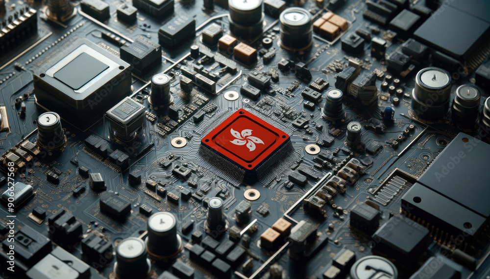 A high-tech circuit board showcasing a microchip with the Hong kong flag, emphasizing Hong kong role in pioneering advanced electronics and microtechnology innovations A high-tech circuit board showcasing a microchip with the Hong kong flag, emphasizing Hong kong role in pioneering advanced electronics and microtechnology innovations