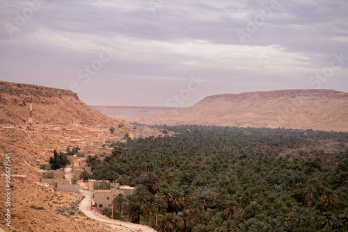 View of immense Tafilalet oasis in Morocco, North Africa. The largest oasis in the world. Ziz River and date palm plantation in the middle of the desert between the cities of Erfoud and Rissani