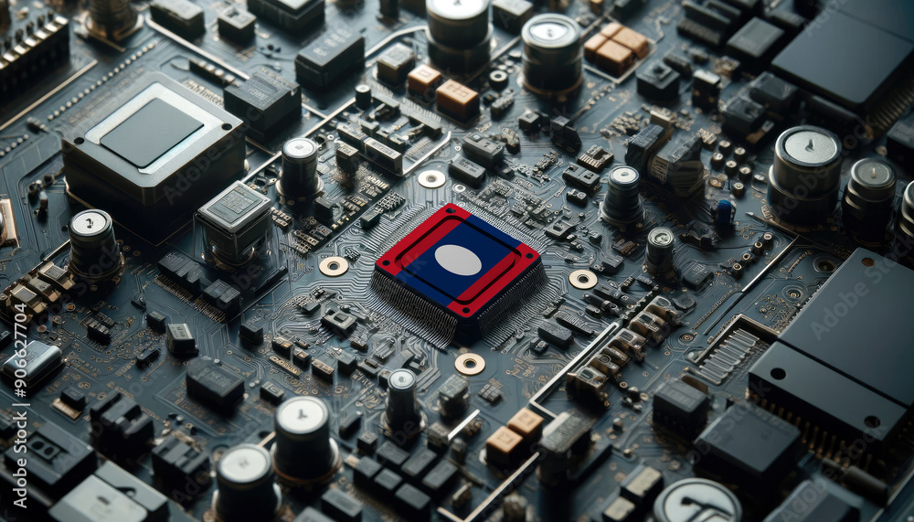 A high-tech circuit board showcasing a microchip with the Laos flag, emphasizing Laos role in pioneering advanced electronics and microtechnology innovations A high-tech circuit board showcasing a microchip with the Laos flag, emphasizing Laos role in pioneering advanced electronics and microtechnology innovations