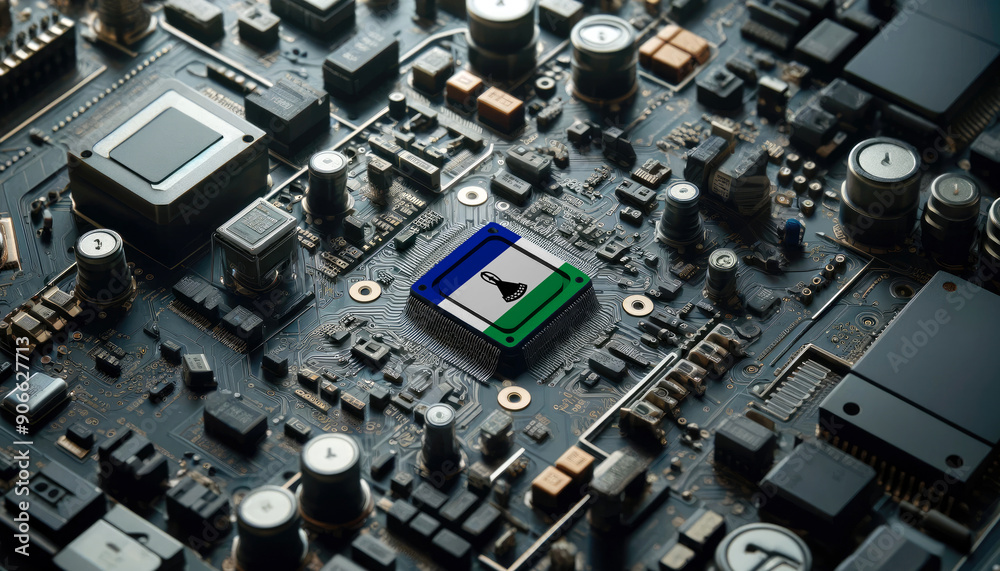 A high-tech circuit board showcasing a microchip with the Lesotho flag, emphasizing Lesotho role in pioneering advanced electronics and microtechnology innovations A high-tech circuit board showcasing a microchip with the Lesotho flag, emphasizing Lesotho role in pioneering advanced electronics and microtechnology innovations