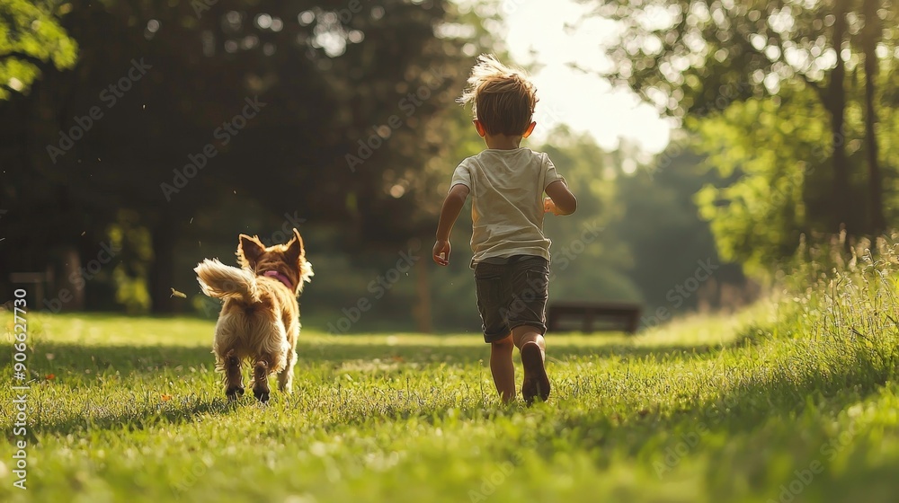 custom made wallpaper toronto digitalbackview of a little kid running through a park with a dog