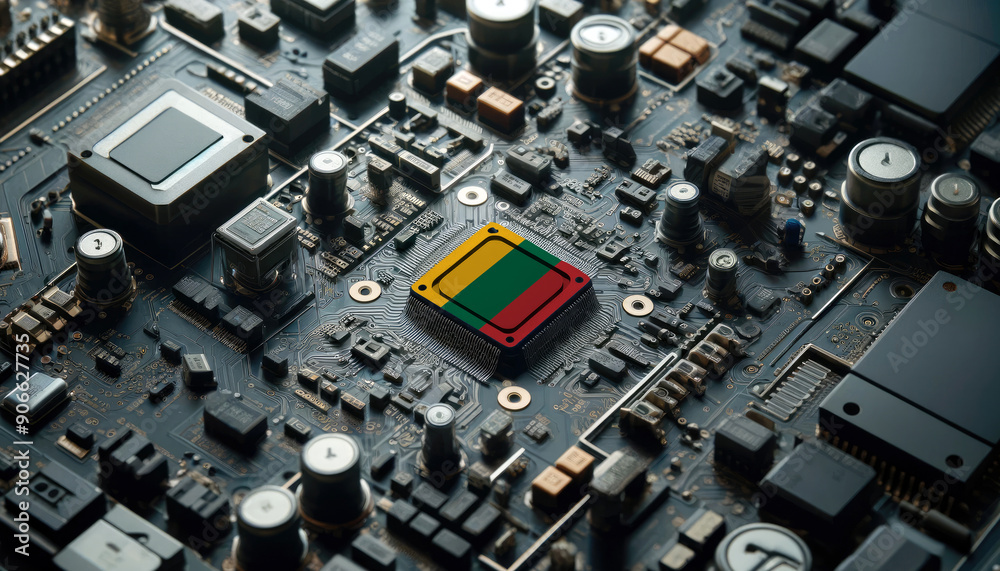 A high-tech circuit board showcasing a microchip with the Lithuania flag, emphasizing Lithuania role in pioneering advanced electronics and microtechnology innovations A high-tech circuit board showcasing a microchip with the Lithuania flag, emphasizing Lithuania role in pioneering advanced electronics and microtechnology innovations