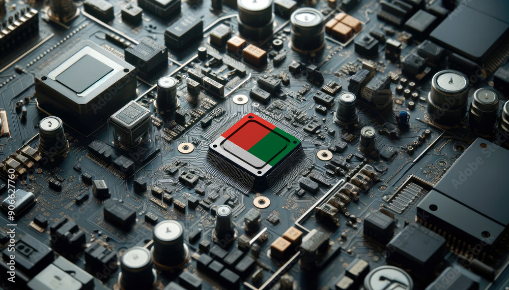 A high-tech circuit board showcasing a microchip with the Madagascar flag, emphasizing Madagascar role in pioneering advanced electronics and microtechnology innovations A high-tech circuit board showcasing a microchip with the Madagascar flag, emphasizing Madagascar role in pioneering advanced electronics and microtechnology innovations