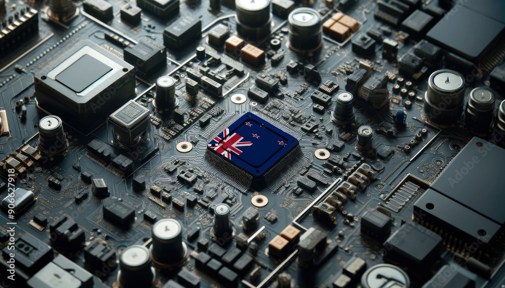 A high-tech circuit board showcasing a microchip with the New Zealand flag, emphasizing New Zealand role in pioneering advanced electronics and microtechnology innovations A high-tech circuit board showcasing a microchip with the New Zealand flag, emphasizing New Zealand role in pioneering advanced electronics and microtechnology innovations
