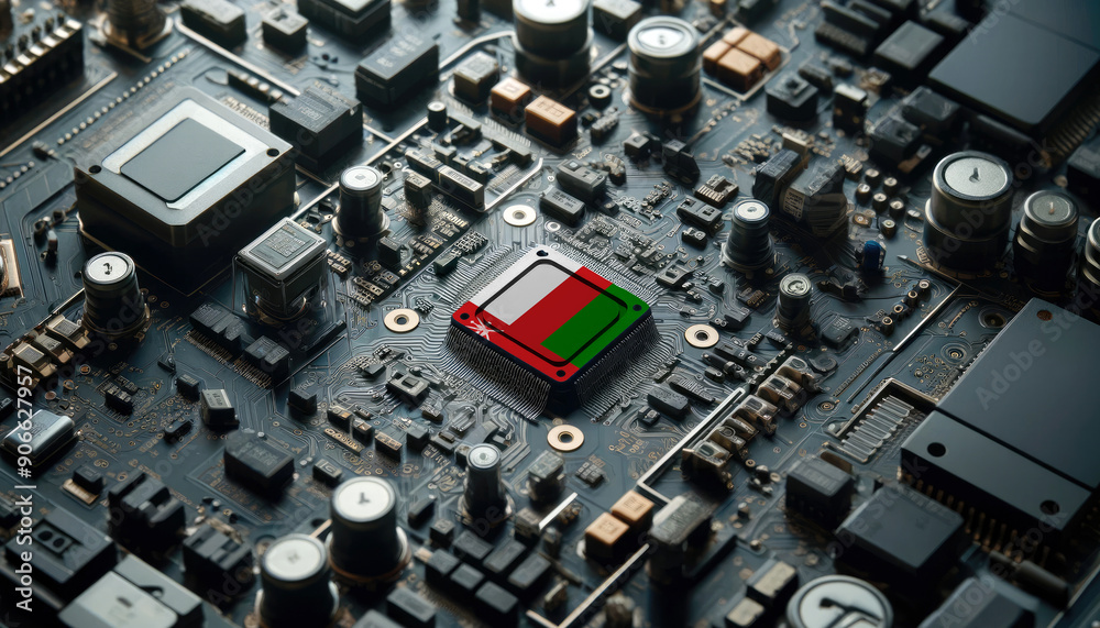 A high-tech circuit board showcasing a microchip with the Oman flag, emphasizing Oman role in pioneering advanced electronics and microtechnology innovations A high-tech circuit board showcasing a microchip with the Oman flag, emphasizing Oman role in pioneering advanced electronics and microtechnology innovations