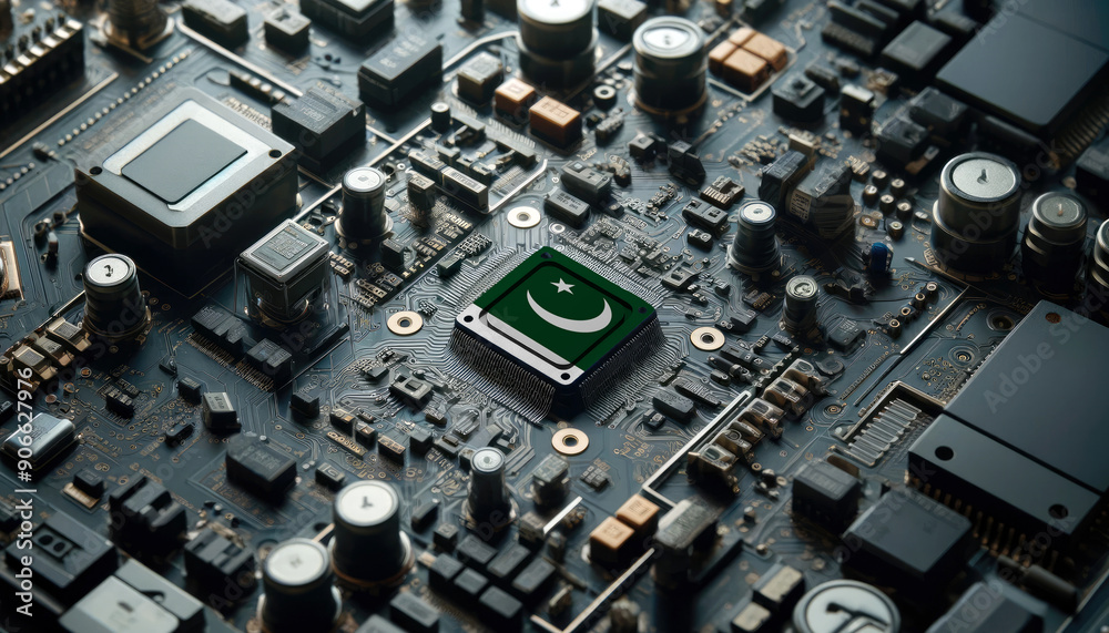 A high-tech circuit board showcasing a microchip with the Pakistan flag, emphasizing Pakistan role in pioneering advanced electronics and microtechnology innovations
