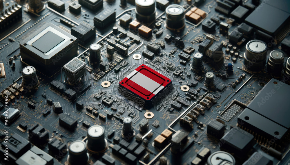 A high-tech circuit board showcasing a microchip with the Peru flag, emphasizing Peru role in pioneering advanced electronics and microtechnology innovations A high-tech circuit board showcasing a microchip with the Peru flag, emphasizing Peru role in pioneering advanced electronics and microtechnology innovations