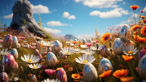 A field of flowers with a large rock in the background