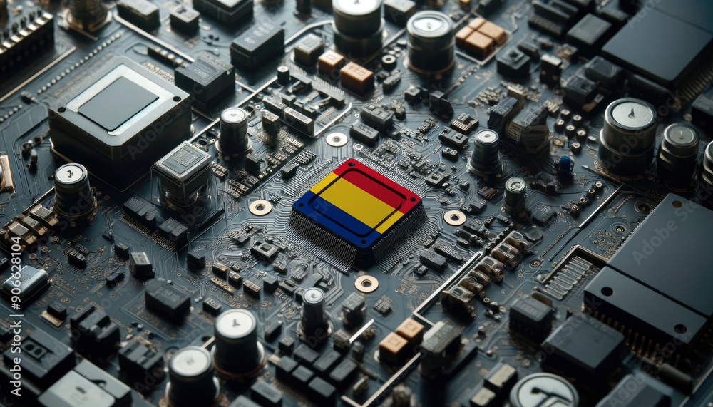 A high-tech circuit board showcasing a microchip with the Romania flag, emphasizing Romania role in pioneering advanced electronics and microtechnology innovations A high-tech circuit board showcasing a microchip with the Romania flag, emphasizing Romania role in pioneering advanced electronics and microtechnology innovations