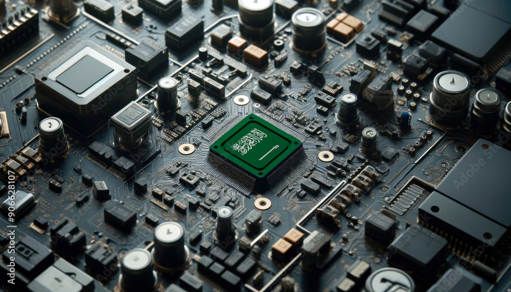 A high-tech circuit board showcasing a microchip with the Saudi Arabia flag, emphasizing Saudi Arabia role in pioneering advanced electronics and microtechnology innovations A high-tech circuit board showcasing a microchip with the Saudi Arabia flag, emphasizing Saudi Arabia role in pioneering advanced electronics and microtechnology innovations