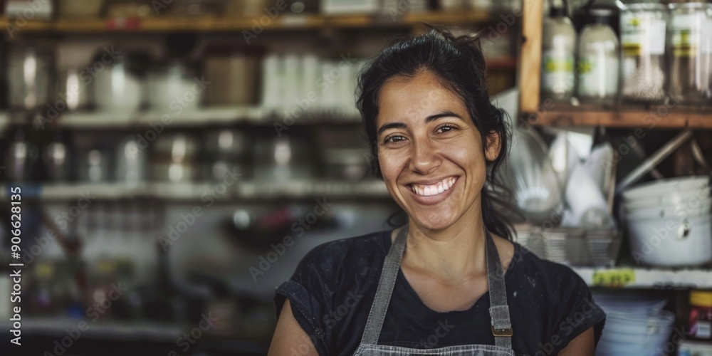 A smiling woman in an apron prepares something in a modern kitchen A smiling woman in an apron prepares something in a modern kitchen
